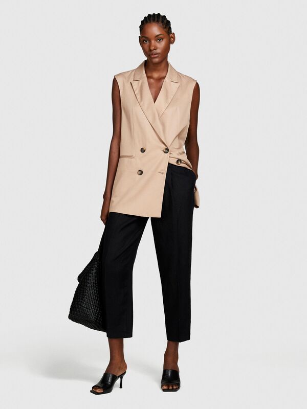 %100 Keten Gizli Düğmeli Yüksek Bel Pantolon Kadın Siyah Pantolon - 324P4AGHLF04Y