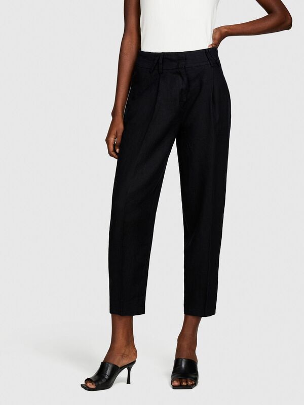 %100 Keten Gizli Düğmeli Yüksek Bel Pantolon Kadın Siyah Pantolon - 324P4AGHLF04Y