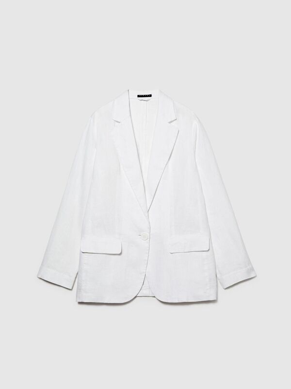 %100 Keten Kapaklı Cep Tasarımı Tek Düğmeli Blazer Ceket Kadın Beyaz Ceket - 324P2AGHLW019