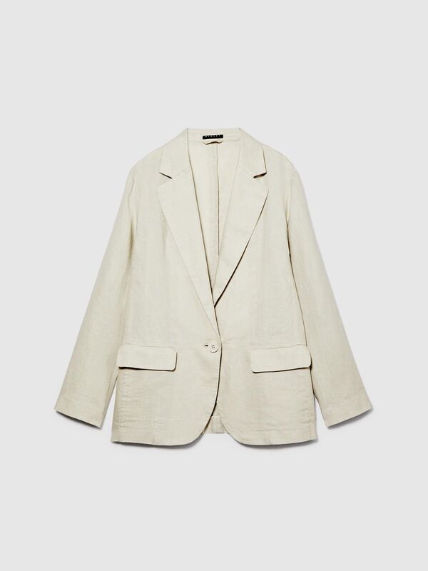 %100 Keten Kapaklı Cep Tasarımı Tek Düğmeli Blazer Ceket Kadın Gri Ceket - 324P2AGHLW019