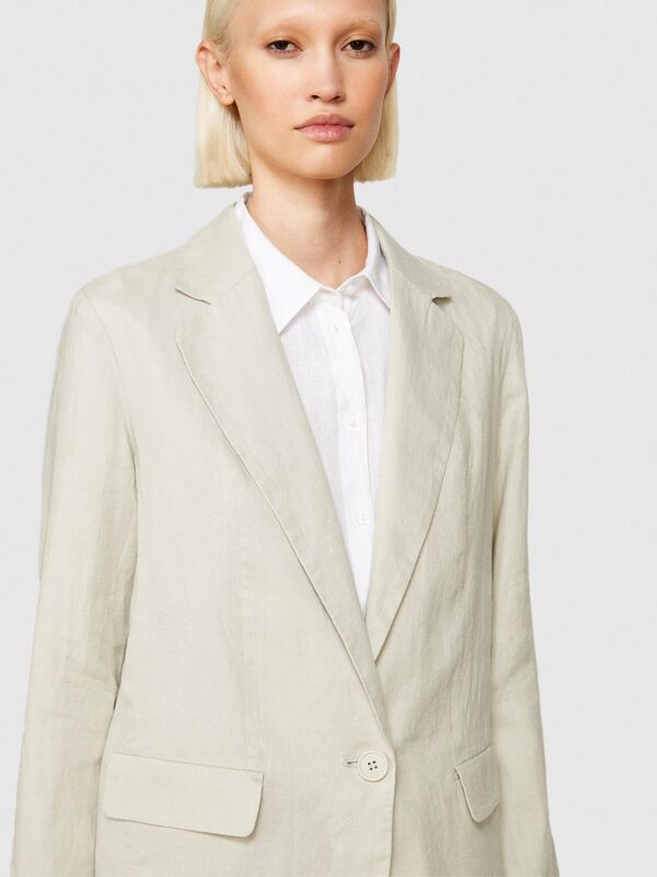 %100 Keten Kapaklı Cep Tasarımı Tek Düğmeli Blazer Ceket Kadın Gri Ceket - 324P2AGHLW019