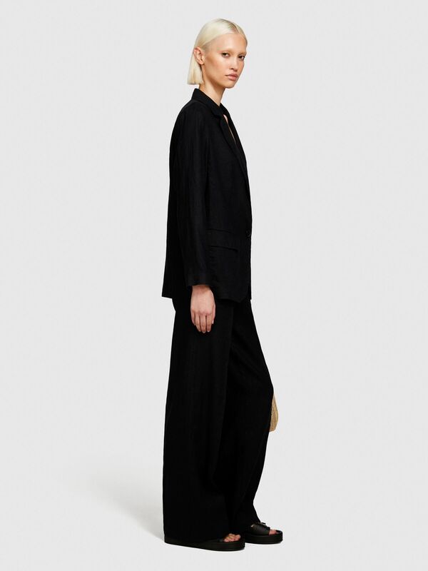 %100 Keten Kapaklı Cep Tasarımı Tek Düğmeli Blazer Ceket Kadın Siyah Ceket - 324P2AGHLW019
