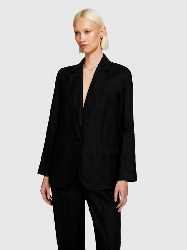 %100 Keten Kapaklı Cep Tasarımı Tek Düğmeli Blazer Ceket Kadın Siyah Ceket - 324P2AGHLW019