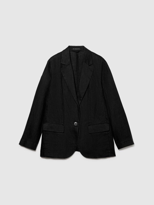 %100 Keten Kapaklı Cep Tasarımı Tek Düğmeli Blazer Ceket Kadın Siyah Ceket - 324P2AGHLW019