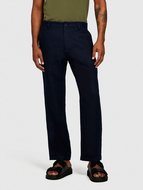 %100 Keten Kemer Delikli Kıvrık Paça Regular Fit Pantolon Erkek Lacivert Pantolon - 324P4AGHSF042