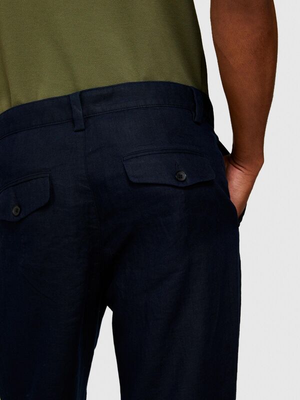 %100 Keten Kemer Delikli Kıvrık Paça Regular Fit Pantolon Erkek Lacivert Pantolon - 324P4AGHSF042