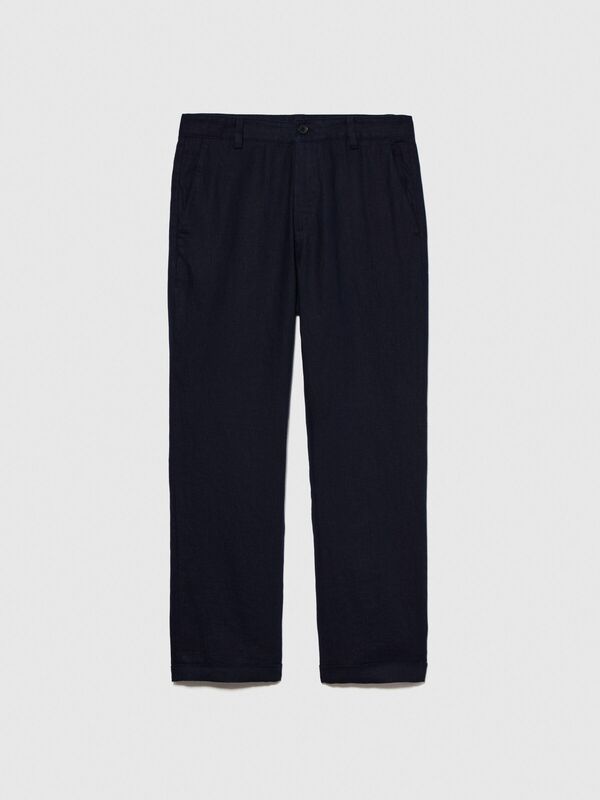 %100 Keten Kemer Delikli Kıvrık Paça Regular Fit Pantolon Erkek Lacivert Pantolon - 324P4AGHSF042