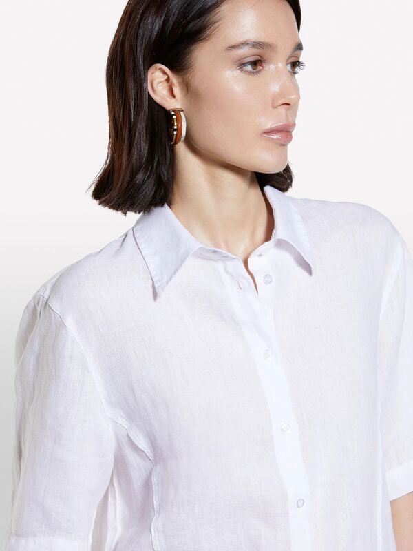 %100 Keten Kısa Kollu Gömlek Kadın Beyaz Gömlek - 325P5BMLLQ08U