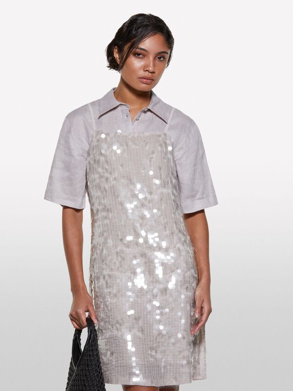 %100 Keten Kısa Kollu Gömlek Kadın Gri Gömlek - 325P5BMLLQ08U