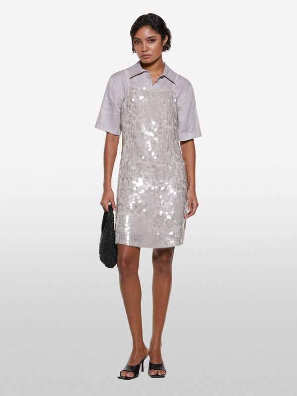 Sisley - %100 Keten Kısa Kollu Gömlek Kadın Gri Gömlek - 325P5BMLLQ08U