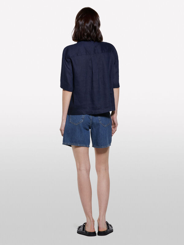 Sisley - %100 Keten Kısa Kollu Gömlek Kadın Lacivert Gömlek - 325P5BMLLQ08U