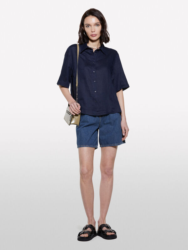 %100 Keten Kısa Kollu Gömlek Kadın Lacivert Gömlek - 325P5BMLLQ08U