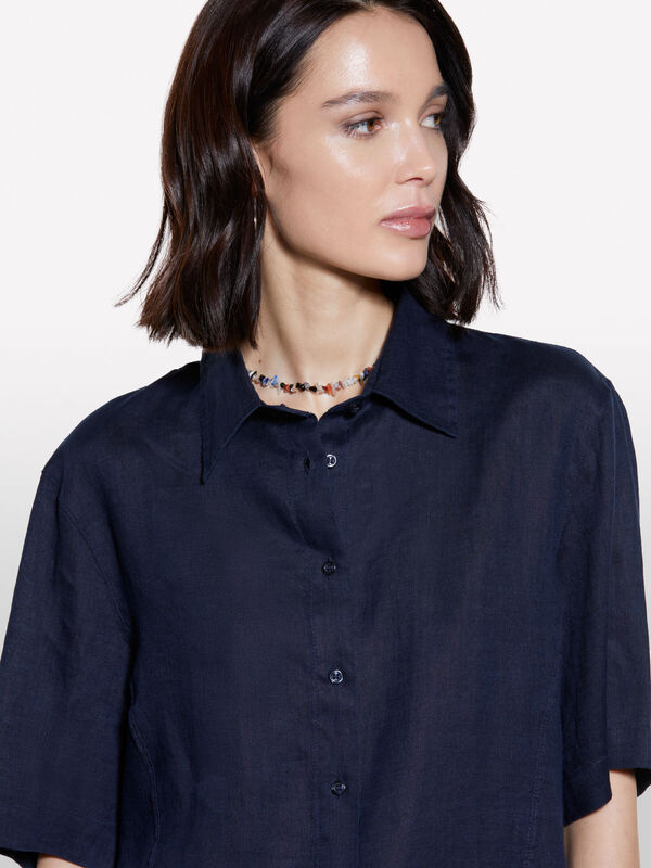 %100 Keten Kısa Kollu Gömlek Kadın Lacivert Gömlek - 325P5BMLLQ08U