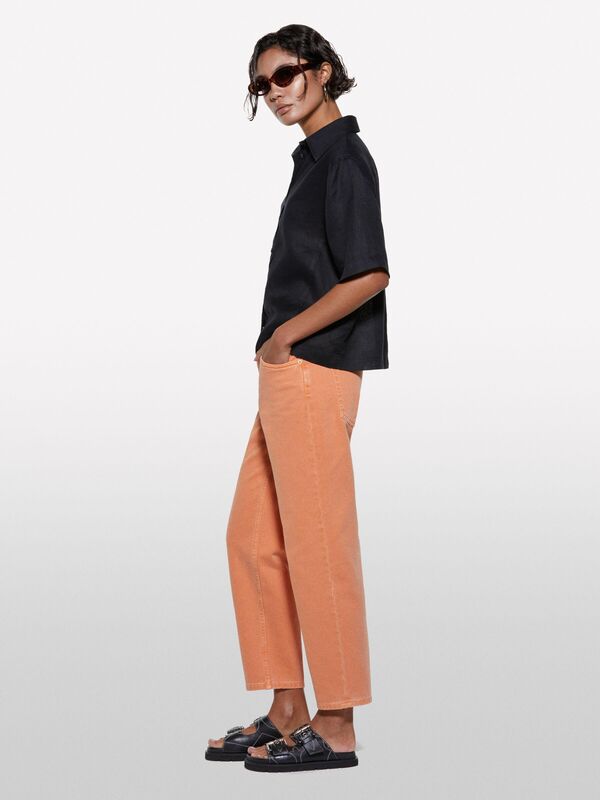 %100 Keten Kısa Kollu Gömlek Kadın Siyah Gömlek - 325P5BMLLQ08U