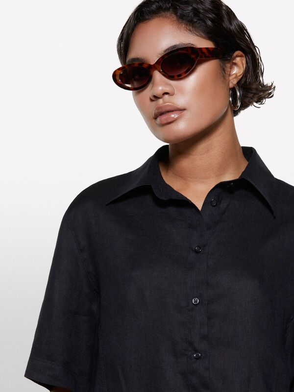 Sisley - %100 Keten Kısa Kollu Gömlek Kadın Siyah Gömlek - 325P5BMLLQ08U