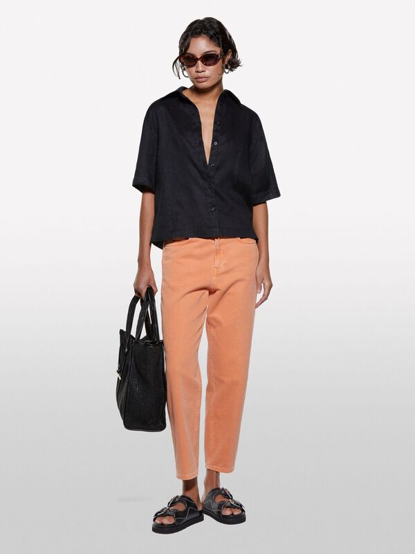 %100 Keten Kısa Kollu Gömlek Kadın Siyah Gömlek - 325P5BMLLQ08U