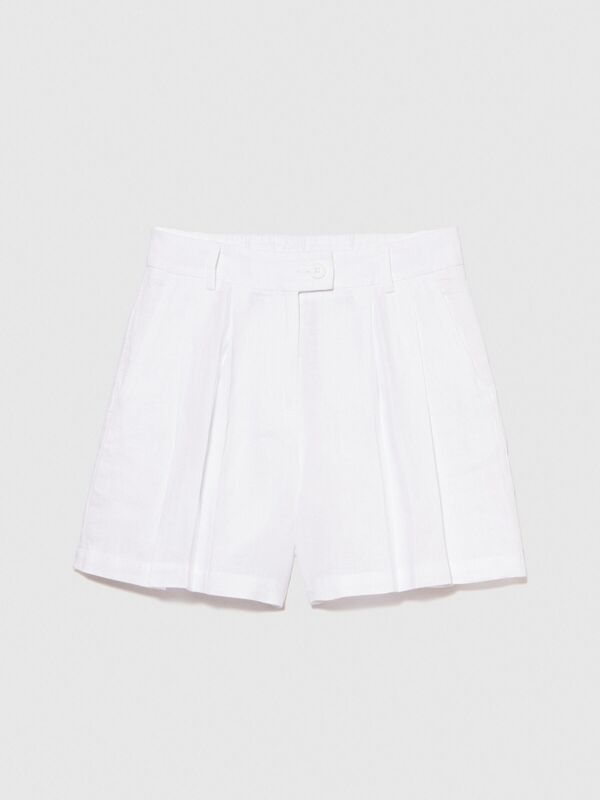 %100 Keten Önü Çift Pileli Şort Kadın Beyaz Şort - 324P4AGHL9013