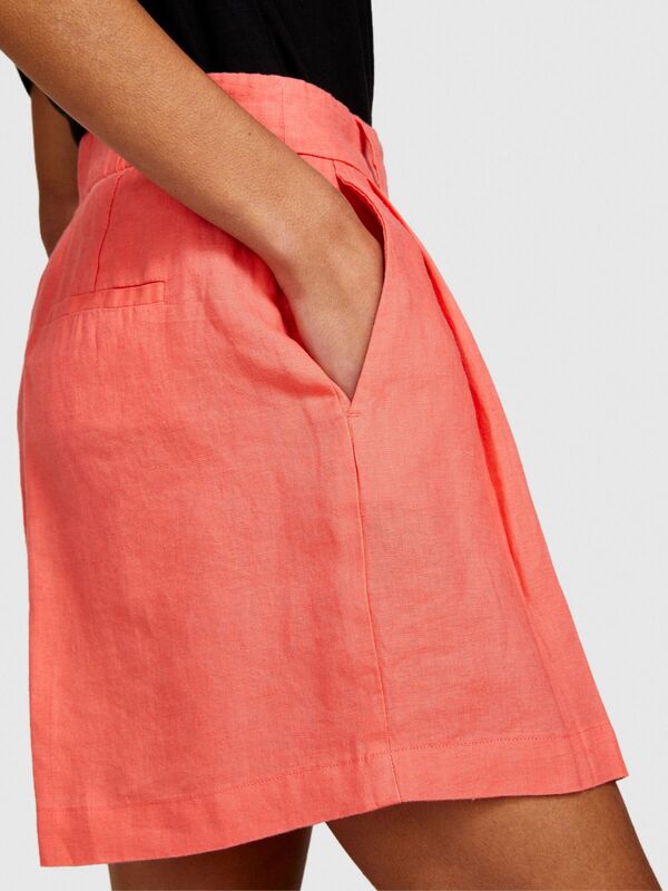 %100 Keten Önü Çift Pileli Şort Kadın Düzenlenecek Şort - 324P4AGHL9013