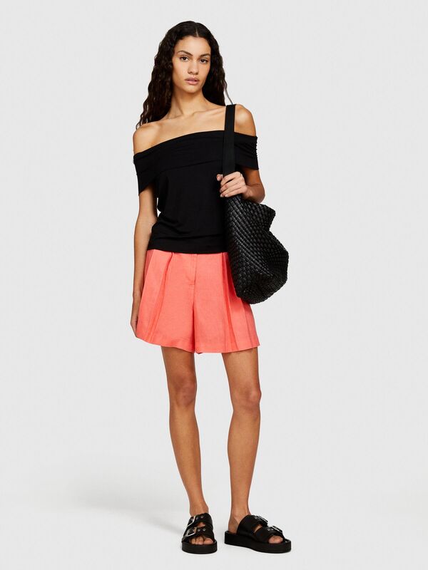 %100 Keten Önü Çift Pileli Şort Kadın Düzenlenecek Şort - 324P4AGHL9013