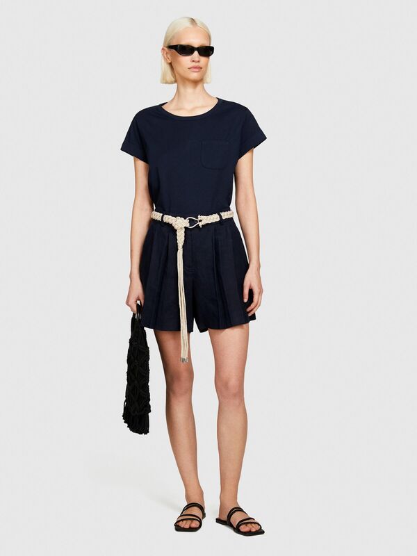 %100 Keten Önü Çift Pileli Şort Kadın Lacivert Şort - 324P4AGHL9013