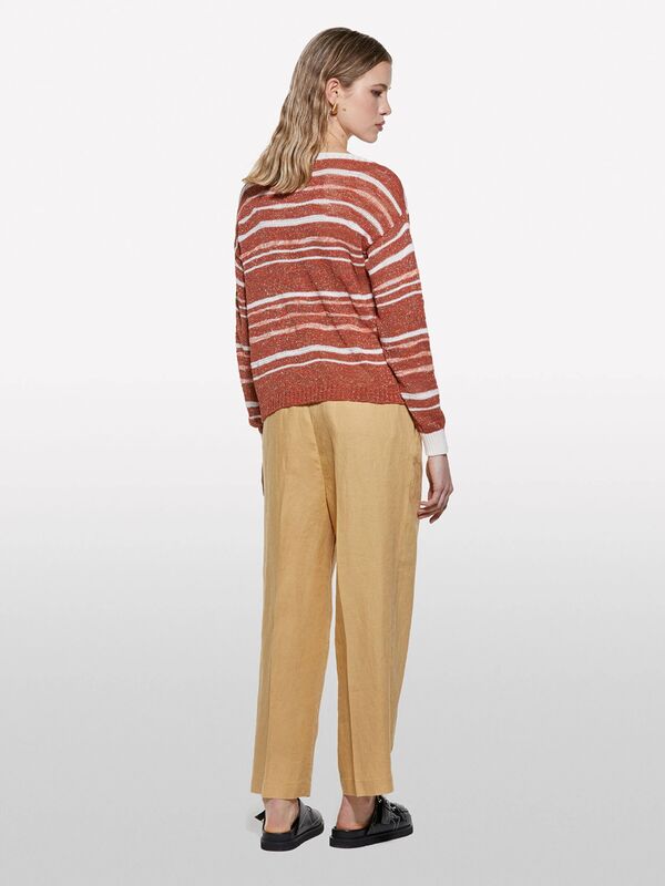 %100 Keten Önü Pile Detaylı Yüksek Bel Jogger Pantolon Kadın Sarı Pantolon - 325P4AGHLF06R