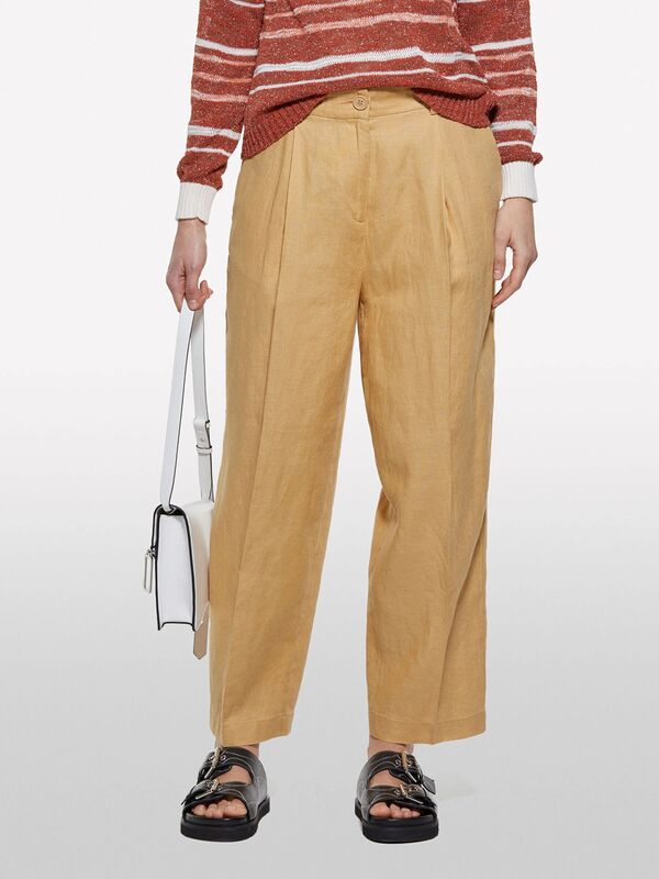 %100 Keten Önü Pile Detaylı Yüksek Bel Jogger Pantolon Kadın Sarı Pantolon - 325P4AGHLF06R