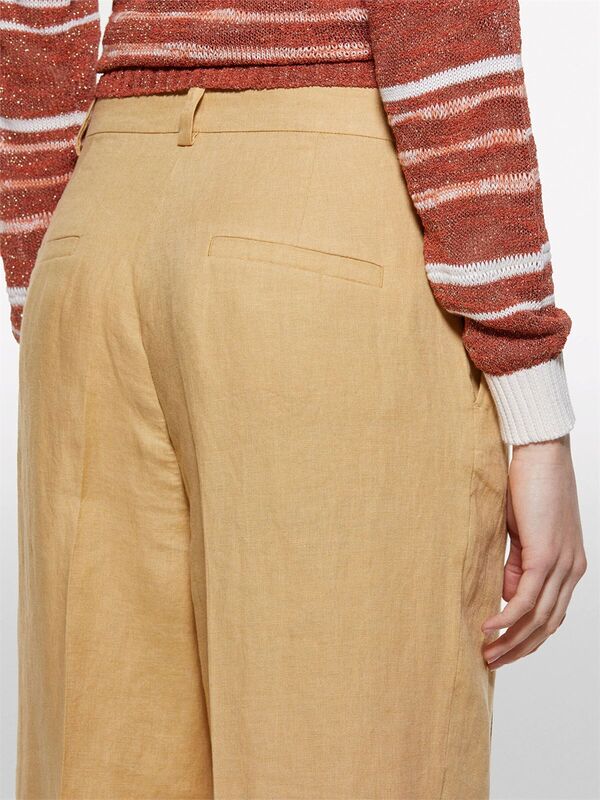 %100 Keten Önü Pile Detaylı Yüksek Bel Jogger Pantolon Kadın Sarı Pantolon - 325P4AGHLF06R