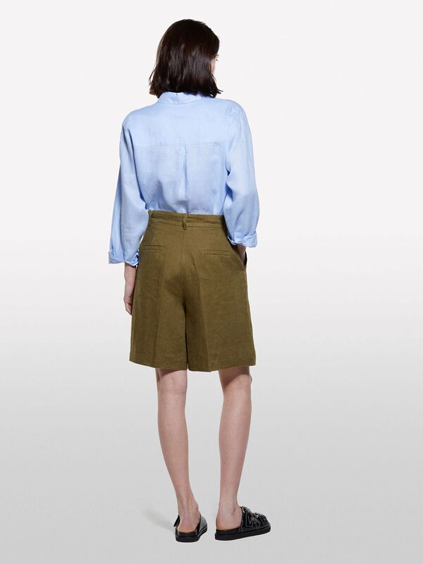 %100 Keten Pile Detaylı Yüksek Bel Bermuda Şort Kadın Yeşil Şort - 325P4AGHL901K