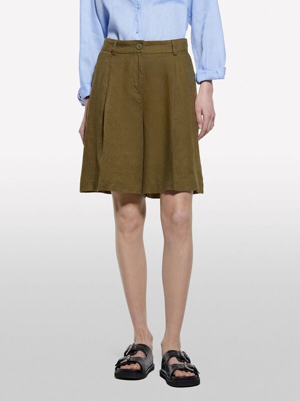 %100 Keten Pile Detaylı Yüksek Bel Bermuda Şort Kadın Yeşil Şort - 325P4AGHL901K