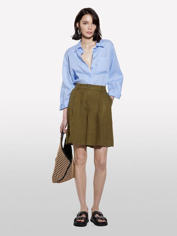 Sisley - %100 Keten Pile Detaylı Yüksek Bel Bermuda Şort Kadın Haki Yeşili Şort - 325P4AGHL901K