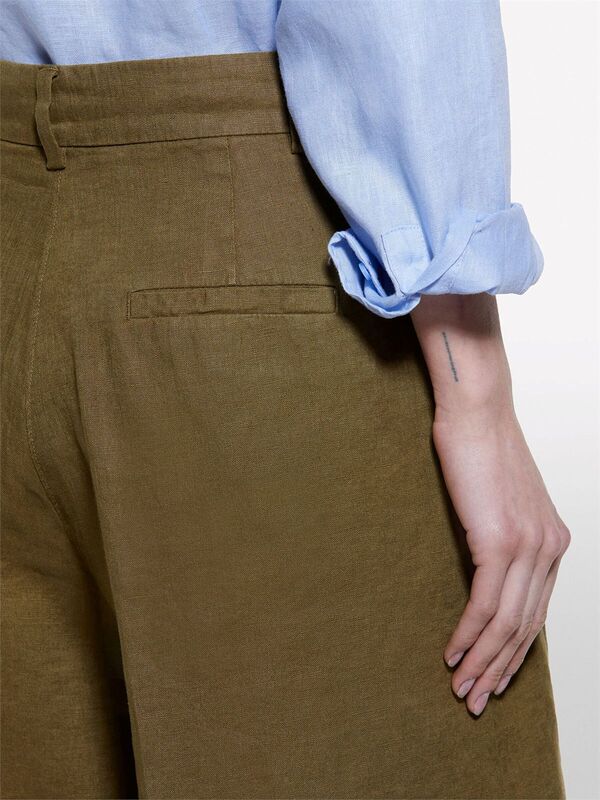 %100 Keten Pile Detaylı Yüksek Bel Bermuda Şort Kadın Haki Yeşili Şort - 325P4AGHL901K