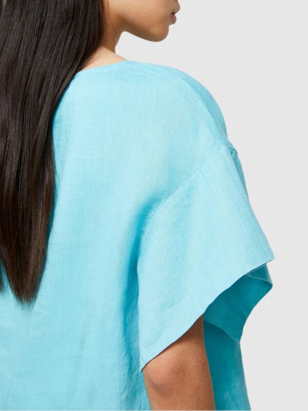 Sisley - %100 Keten Rahat Kesim Kayık Yaka Bluz Kadın 2B0 Bluz - 324P5BMLLQ06R