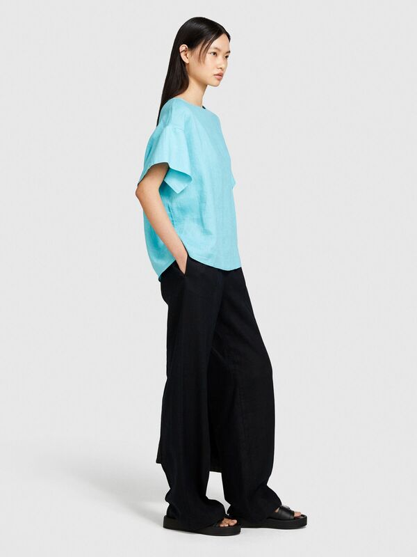 %100 Keten Rahat Kesim Kayık Yaka Bluz Kadın 2B0 Bluz - 324P5BMLLQ06R