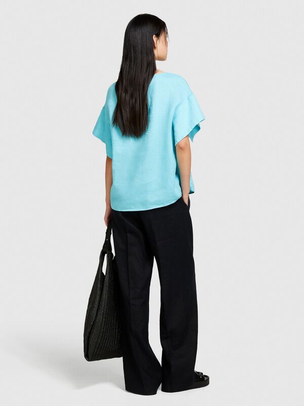 %100 Keten Rahat Kesim Kayık Yaka Bluz Kadın 2B0 Bluz - 324P5BMLLQ06R