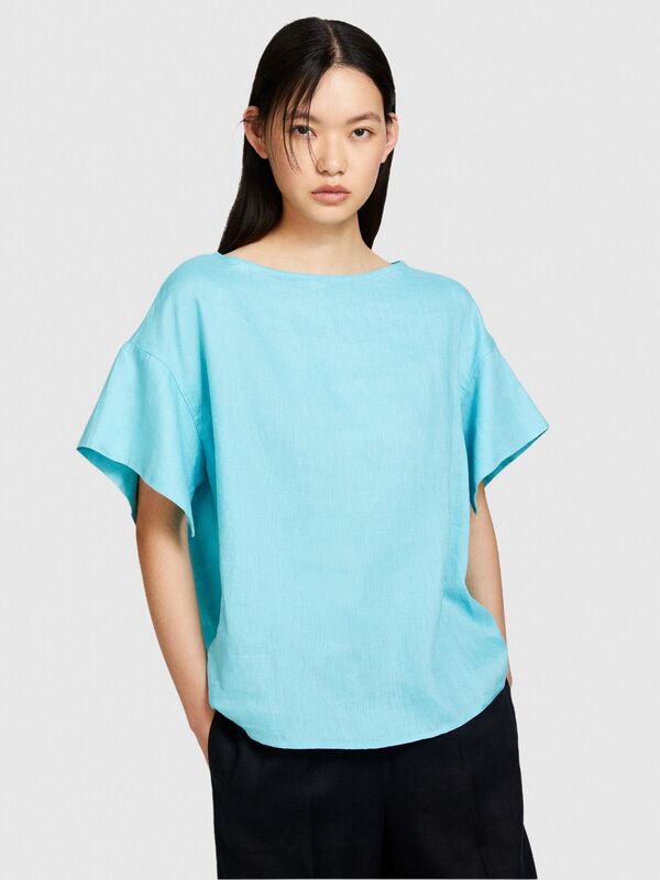 %100 Keten Rahat Kesim Kayık Yaka Bluz Kadın 2B0 Bluz - 324P5BMLLQ06R