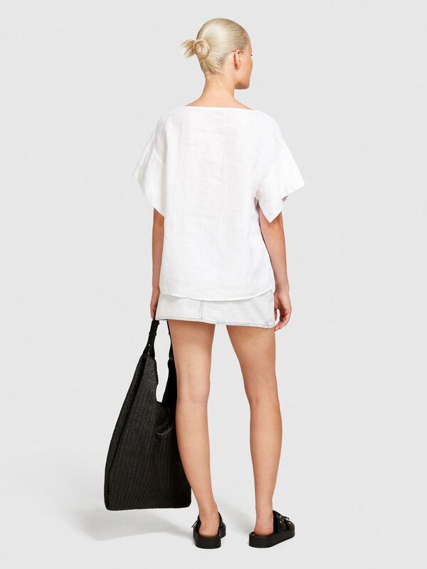 %100 Keten Rahat Kesim Kayık Yaka Bluz Kadın Beyaz Bluz - 324P5BMLLQ06R