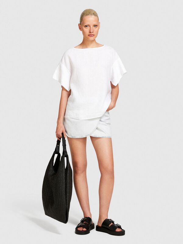 %100 Keten Rahat Kesim Kayık Yaka Bluz Kadın Beyaz Bluz - 324P5BMLLQ06R