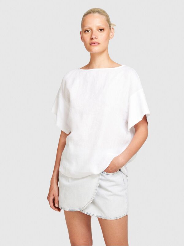 %100 Keten Rahat Kesim Kayık Yaka Bluz Kadın Beyaz Bluz - 324P5BMLLQ06R