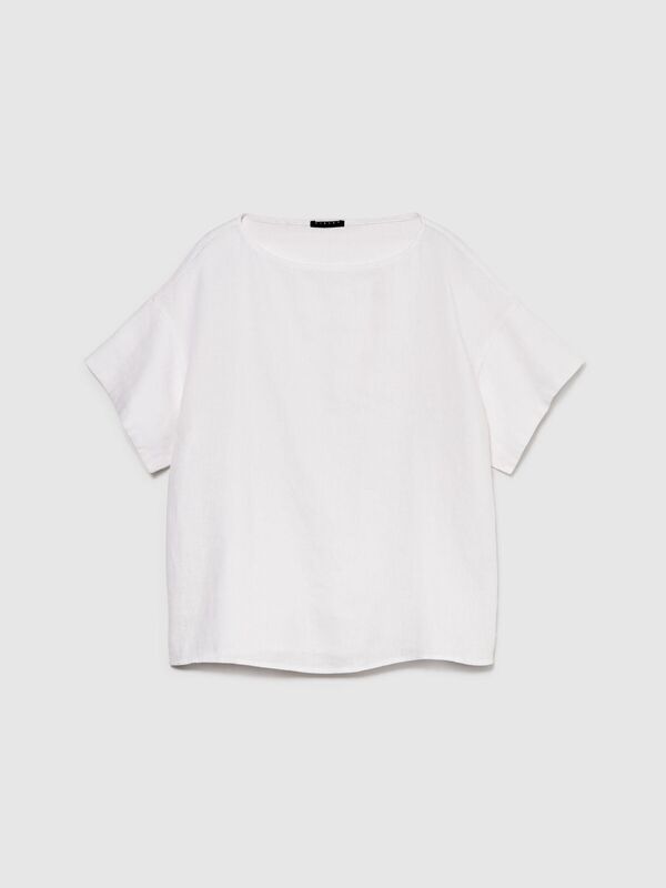 %100 Keten Rahat Kesim Kayık Yaka Bluz Kadın Beyaz Bluz - 324P5BMLLQ06R