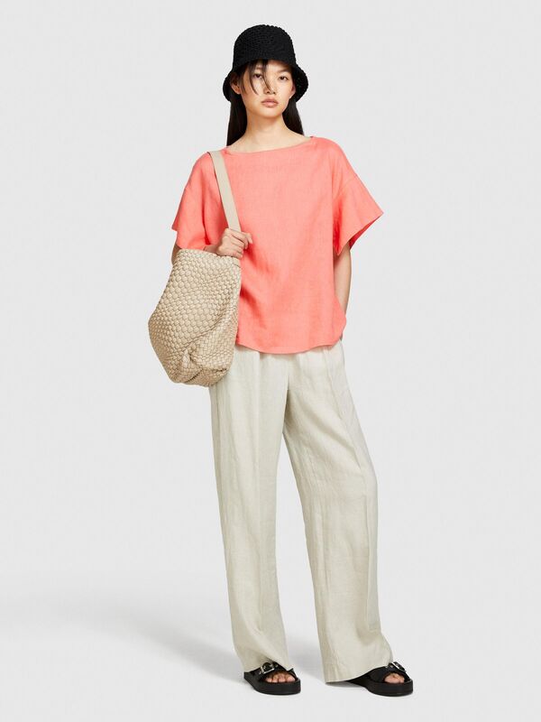 %100 Keten Rahat Kesim Kayık Yaka Bluz Kadın Düzenlenecek Bluz - 324P5BMLLQ06R