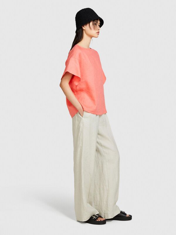 %100 Keten Rahat Kesim Kayık Yaka Bluz Kadın Düzenlenecek Bluz - 324P5BMLLQ06R