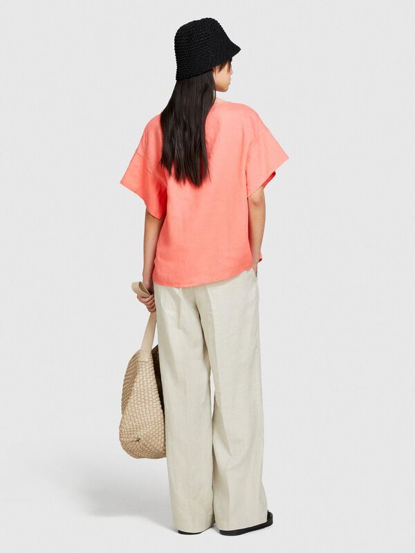 %100 Keten Rahat Kesim Kayık Yaka Bluz Kadın Düzenlenecek Bluz - 324P5BMLLQ06R