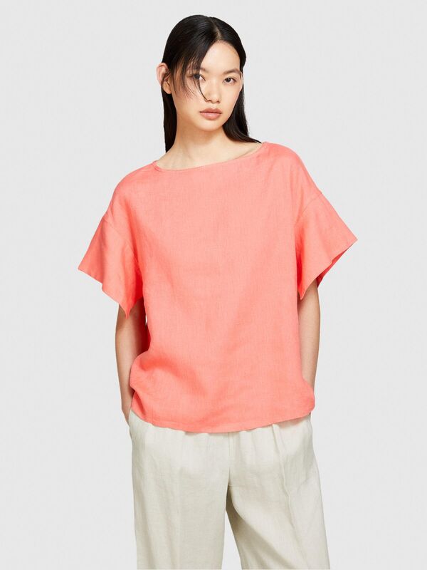 %100 Keten Rahat Kesim Kayık Yaka Bluz Kadın Düzenlenecek Bluz - 324P5BMLLQ06R