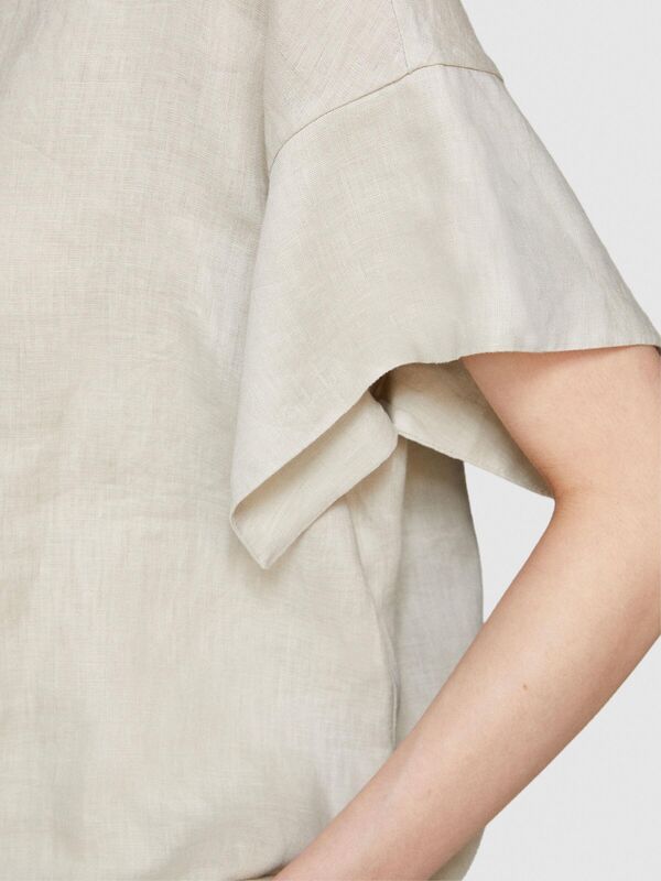 %100 Keten Rahat Kesim Kayık Yaka Bluz Kadın Gri Bluz - 324P5BMLLQ06R