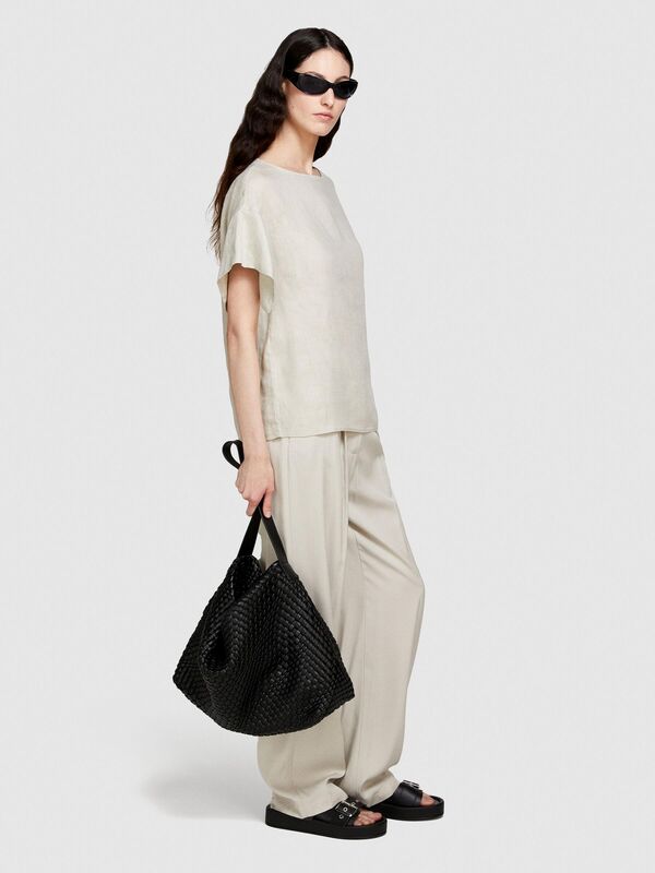 %100 Keten Rahat Kesim Kayık Yaka Bluz Kadın Gri Bluz - 324P5BMLLQ06R