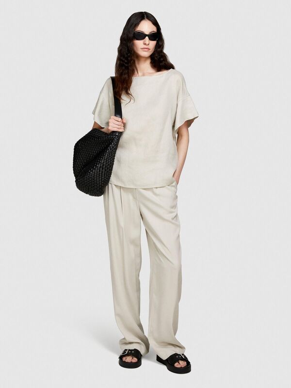 Sisley - %100 Keten Rahat Kesim Kayık Yaka Bluz Kadın Gri Bluz - 324P5BMLLQ06R