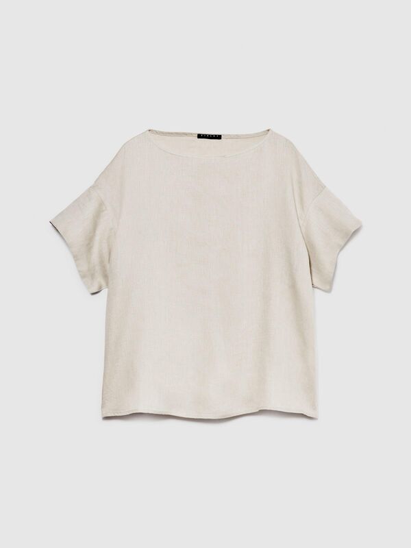 %100 Keten Rahat Kesim Kayık Yaka Bluz Kadın Gri Bluz - 324P5BMLLQ06R