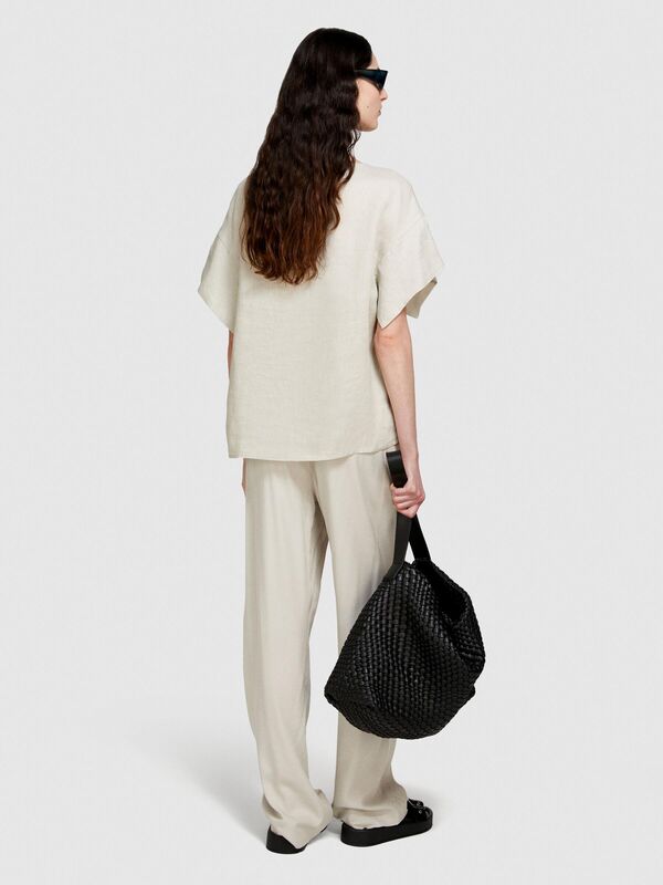 %100 Keten Rahat Kesim Kayık Yaka Bluz Kadın Gri Bluz - 324P5BMLLQ06R