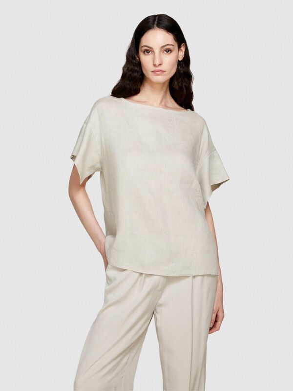 %100 Keten Rahat Kesim Kayık Yaka Bluz Kadın Gri Bluz - 324P5BMLLQ06R