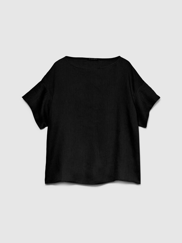 %100 Keten Rahat Kesim Kayık Yaka Bluz Kadın Siyah Bluz - 324P5BMLLQ06R
